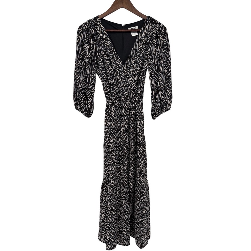 DKNY Zebra Print Midi Dress 6P Petite NWT Belted Black Ivory 3/4 Sleeve Stretch - Picture 2 of 11